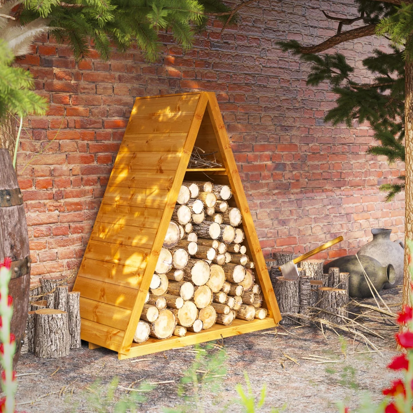 Triangular Log Store with Shelving
